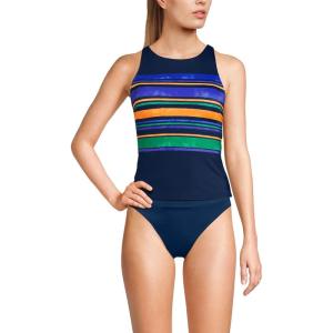 Lands’ End Women’s Tugless High Neck Strappy Back Tankini Swimsuit Top(Deep Sea Painted Stripes)
