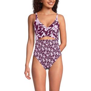 Lands’ End Women’s Wrap Monokini High Leg One Piece Swimsuit(Tropic Floral/Dark Wine Mix)