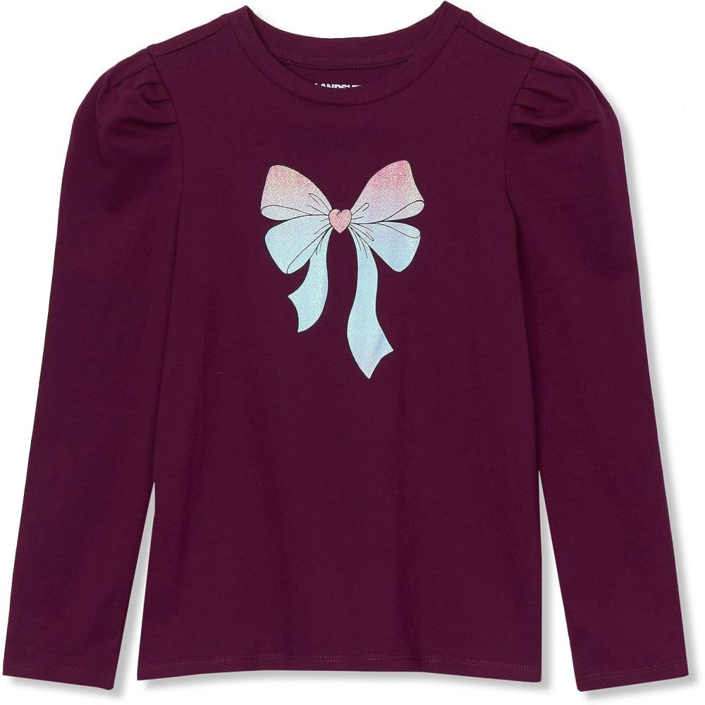 imageLands End Girls Long Sleeve Graphic Tee with Puff ShoulderGlitter BowPlum