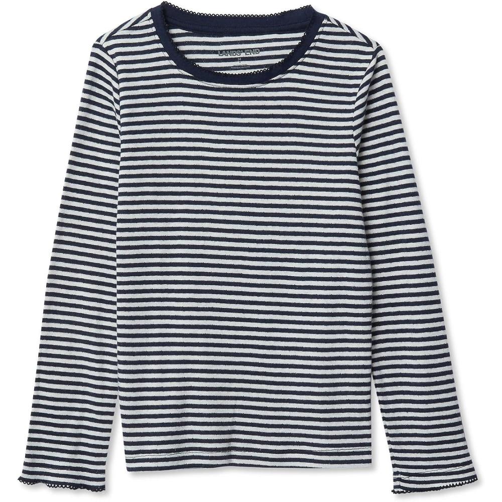 imageLands End Girls Long Sleeve Pointelle Knit ShirtNavyCream Ditsy Stripe