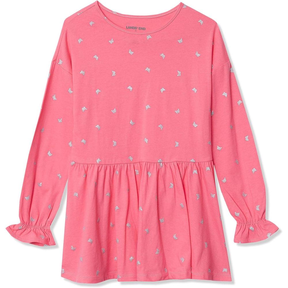 imageLands End Girls Long Sleeve Ruffle Tunic Top  Soft Cotton Flowy Fit Feminine Details Perfect for LayeringBright Pink Butterflies