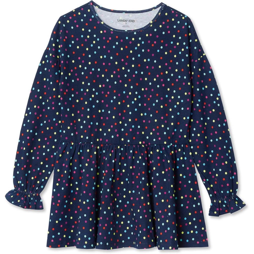 imageLands End Girls Long Sleeve Ruffle Tunic Top  Soft Cotton Flowy Fit Feminine Details Perfect for LayeringNavy Multi Dots