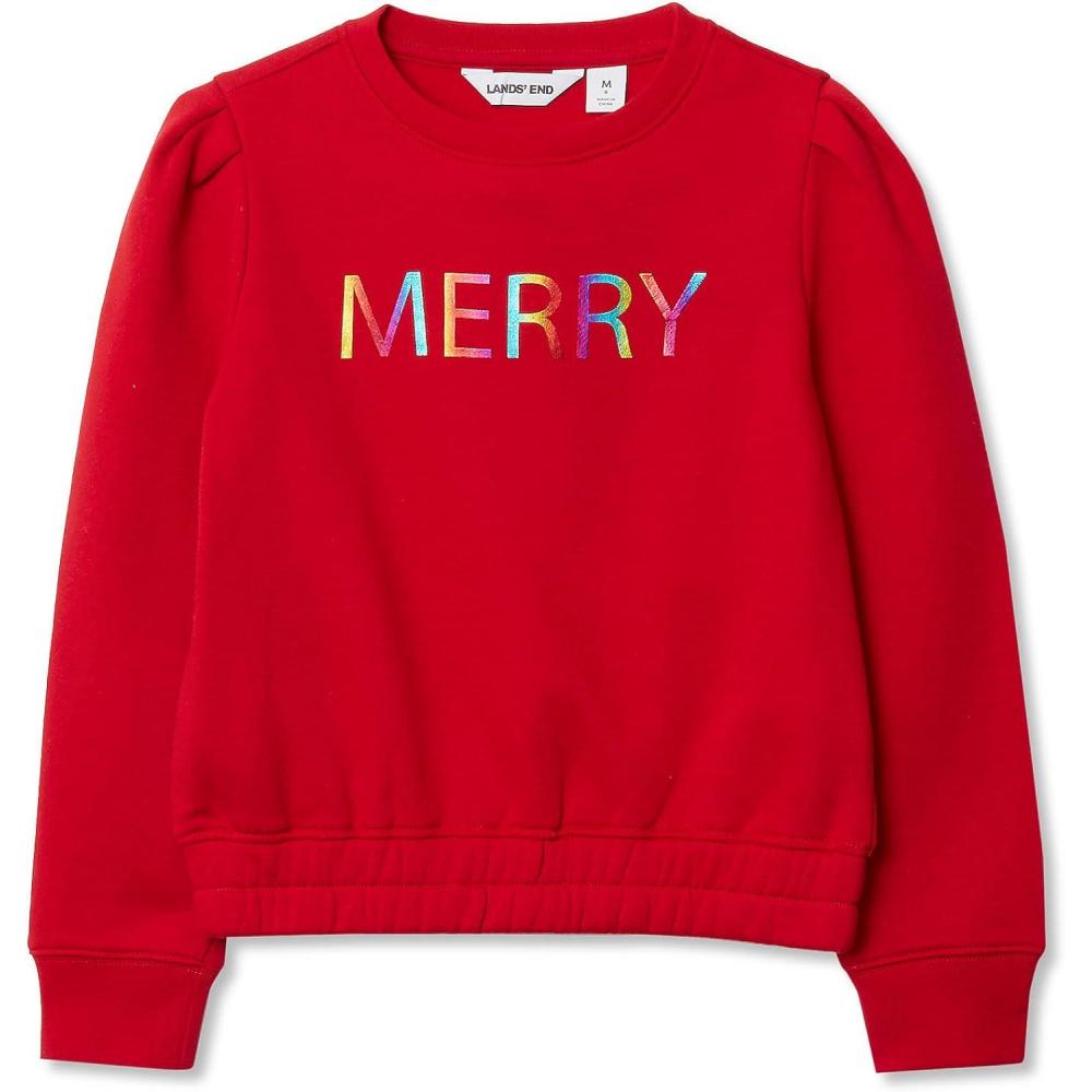 imageLands End Girls Puff Shoulder Crew Neck SweatshirtApple Red Merry