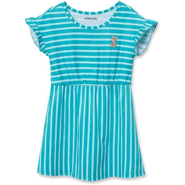 imageLands End Girls Short Sleeve Gathered Waist Tunic TopTeal Stripe Teddy Bear