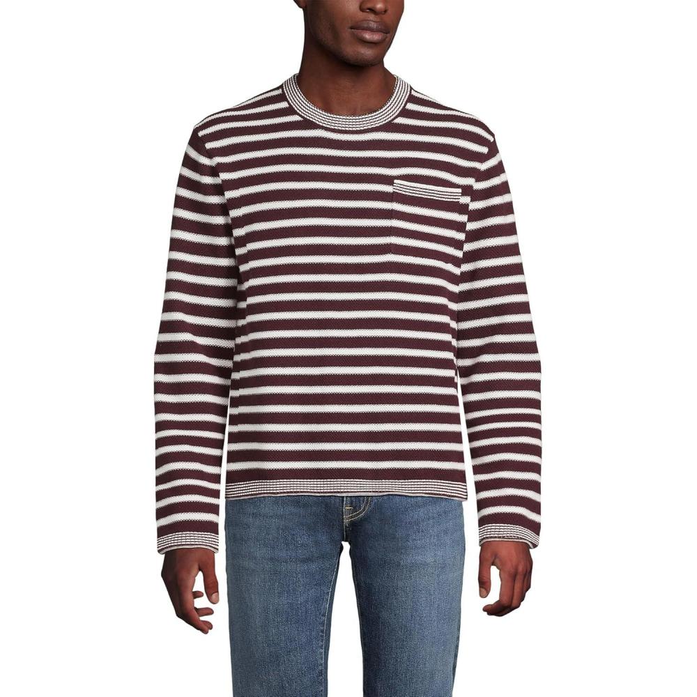 imageLands End Mens Long Sleeve Textured Cotton Crewneck SweaterLush Burgundy Stripe