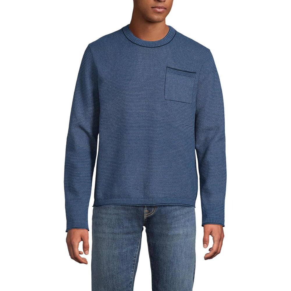 imageLands End Mens Long Sleeve Textured Cotton Crewneck SweaterRadiant Navy Micro Stripe