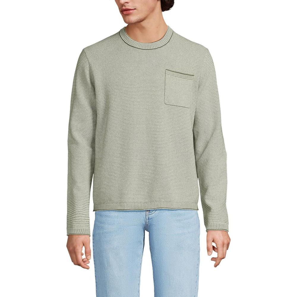 imageLands End Mens Long Sleeve Textured Cotton Crewneck SweaterRiver Stone Green Micro Stripe