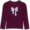 Lands’ End Girls Long Sleeve Graphic Tee with Puff Shoulder(Glitter Bow/Plum)