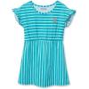 Lands’ End Girls Short Sleeve Gathered Waist Tunic Top(Teal Stripe Teddy Bear)