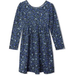 Lands’ End Girls Long Sleeve Gathered Waist Jersey Dress(Black Floral Leopard)