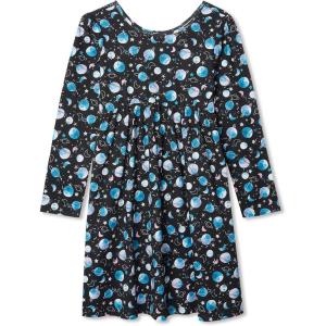 Lands’ End Girls Long Sleeve Gathered Waist Jersey Dress(Black Watercolor Planets)