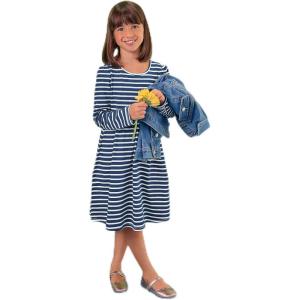 Lands’ End Girls Long Sleeve Gathered Waist Jersey Dress(Navy/White Stripe)