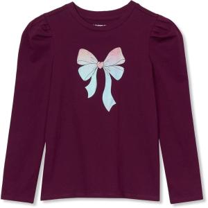 Lands’ End Girls Long Sleeve Graphic Tee with Puff Shoulder(Glitter Bow/Plum)