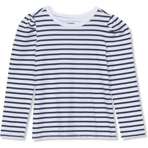 Lands’ End Girls Long Sleeve Graphic Tee with Puff Shoulder(Navy/Ivory Stripe)