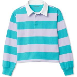 Lands’ End Girls Long Sleeve Stripe Rugby Shirt(Pastel Lilac/Green Stripe)