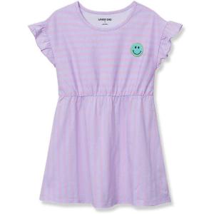 Lands’ End Girls Short Sleeve Gathered Waist Tunic Top(Purple Stripe Smiley Face)