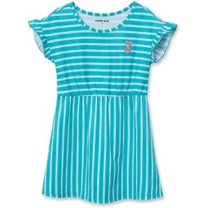 Lands’ End Girls Short Sleeve Gathered Waist Tunic Top(Teal Stripe Teddy Bear)