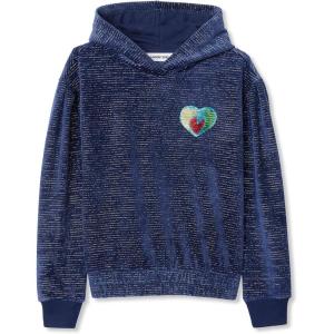Lands’ End Girls Velour Hoodie Sweatshirt(Navy Multi Hearts Stripe)