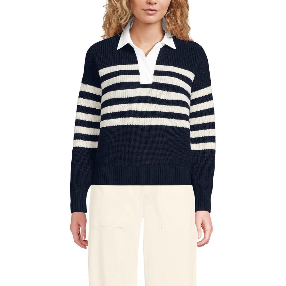 imageLands End Womens Drifter Rugby with Woven Collar SweaterNavyIvory Placed Stripe