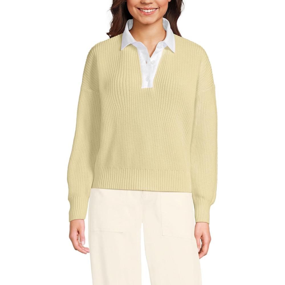 imageLands End Womens Drifter Rugby with Woven Collar SweaterPale Yellow
