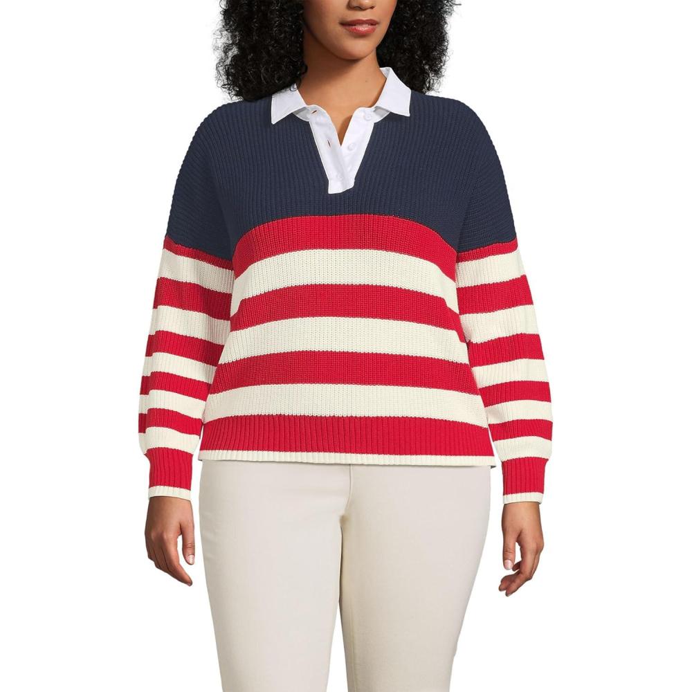 imageLands End Womens Drifter Rugby with Woven Collar SweaterRedIvory American Flag