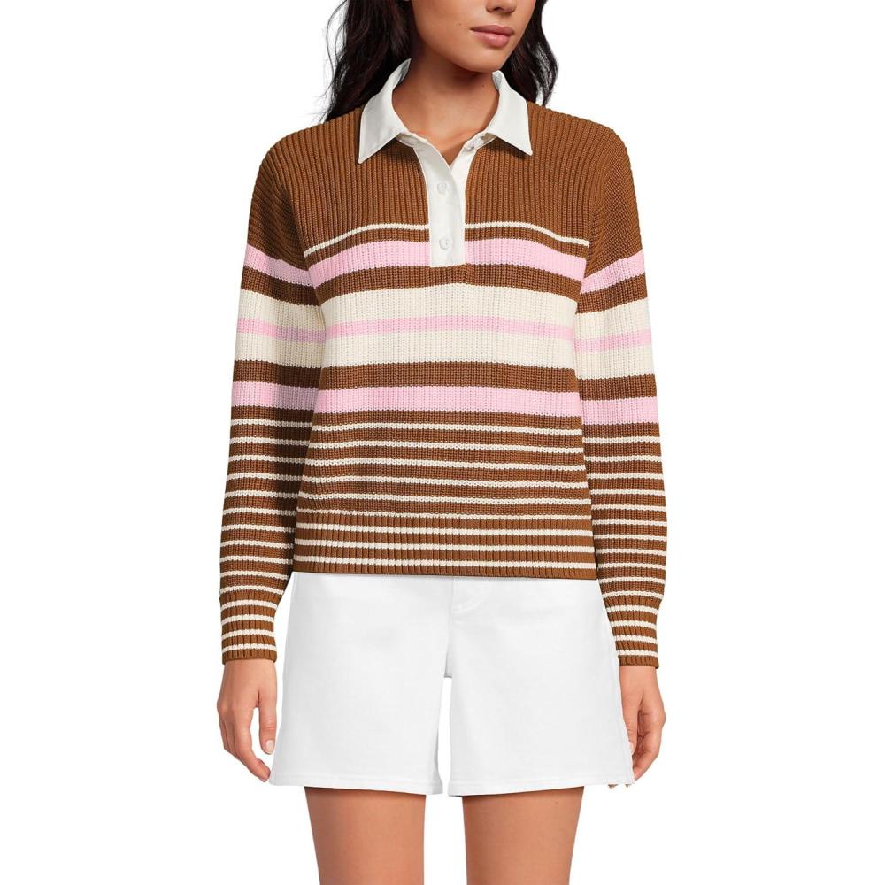 imageLands End Womens Drifter Rugby with Woven Collar SweaterRich Ginger Multi Stripes