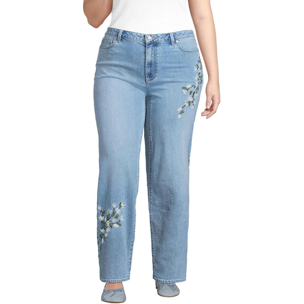 imageLands End Womens Petite Soft Denim Mid Rise Relaxed Straight Leg JeansEmbroidered Lake Blue Wash