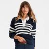 Lands’ End Women’s Drifter Rugby with Woven Collar Sweater(Navy/Ivory Placed Stripe)