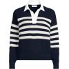 Lands’ End Women’s Drifter Rugby with Woven Collar Sweater(Navy/Ivory Placed Stripe)