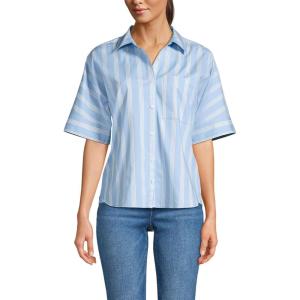 Lands’ End Women’s Cooling Elbow Sleeve Button Front Shirt(Clear Blue Sky Quad Stripe)