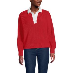 Lands’ End Women’s Drifter Rugby with Woven Collar Sweater(Compass Red)