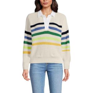 Lands’ End Women’s Drifter Rugby with Woven Collar Sweater(Ivory/Multi Gem Placed Stripe)