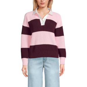 Lands’ End Women’s Drifter Rugby with Woven Collar Sweater(Lush Burgundy/Pink Rugby)