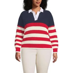 Lands’ End Women’s Drifter Rugby with Woven Collar Sweater(Red/Ivory American Flag)