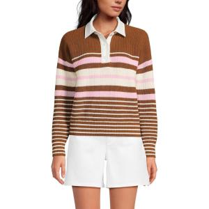 Lands’ End Women’s Drifter Rugby with Woven Collar Sweater(Rich Ginger Multi Stripes)