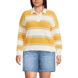 Lands’ End Women’s Drifter Rugby with Woven Collar Sweater(Sunkissed Yellow Stripes)