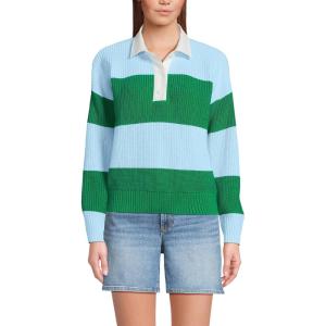 Lands’ End Women’s Drifter Rugby with Woven Collar Sweater(True Green/Soft Ice Blue Rugby)