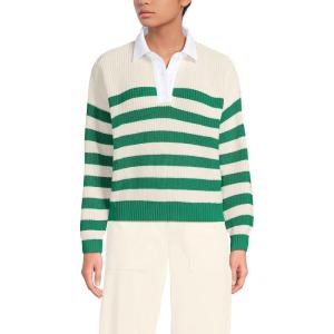 Lands’ End Women’s Drifter Rugby with Woven Collar Sweater(Vibrant Clover Stripe)