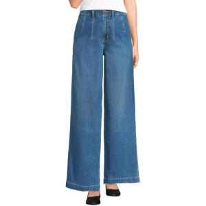 Lands’ End Women’s Petite Soft Denim High Rise Wide Leg Top Stitch Trousers(Indigo Tide Blue)