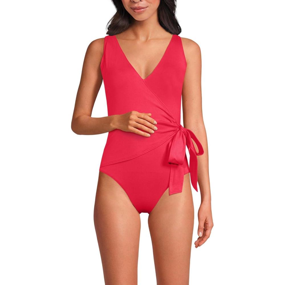 imageLands End Womens Chlorine Resistant Side Tie Wrap High Leg One Piece SwimsuitCoral Roses