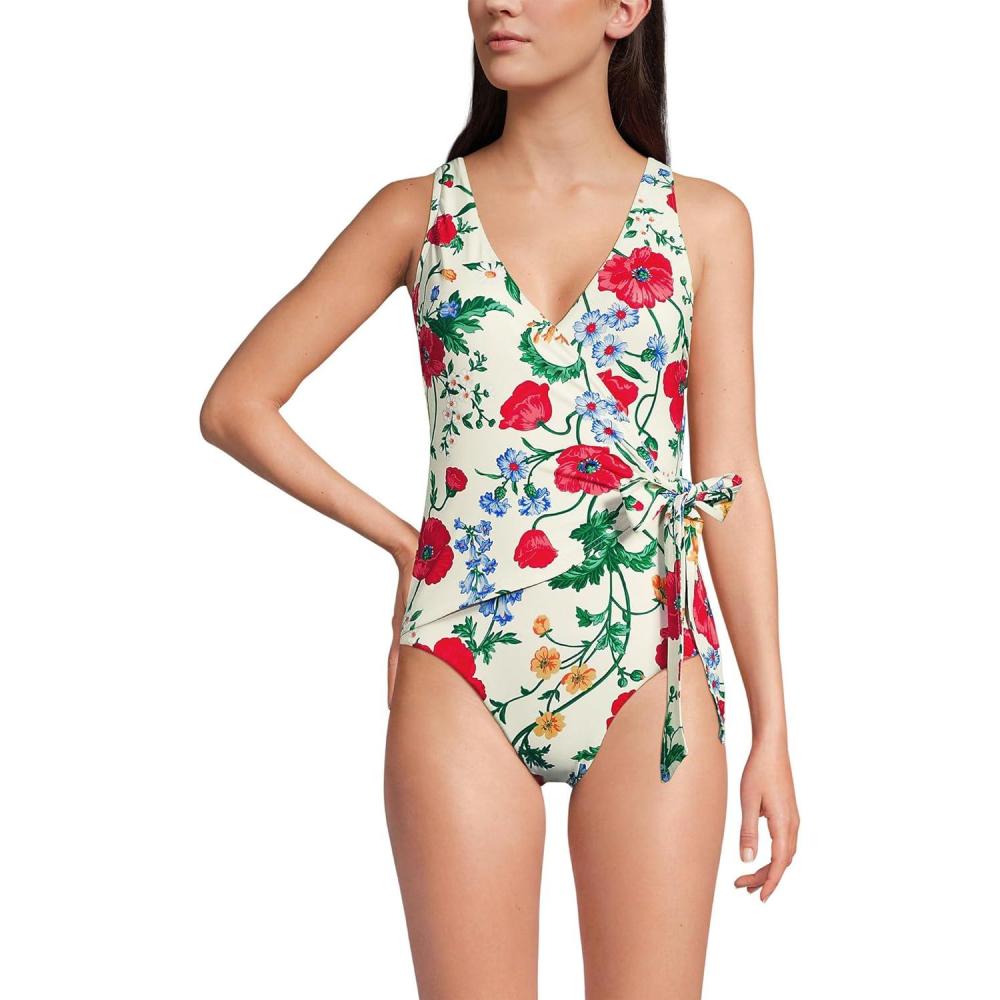 imageLands End Womens Chlorine Resistant Side Tie Wrap High Leg One Piece SwimsuitEgretExploded Poppy Floral
