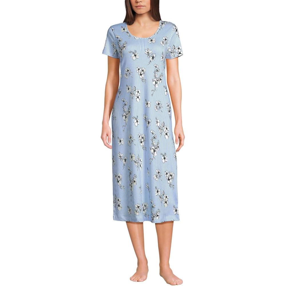 imageLands End Womens Cotton Short Sleeve Midcalf NightgownIvoryLight Sea Blue Floral