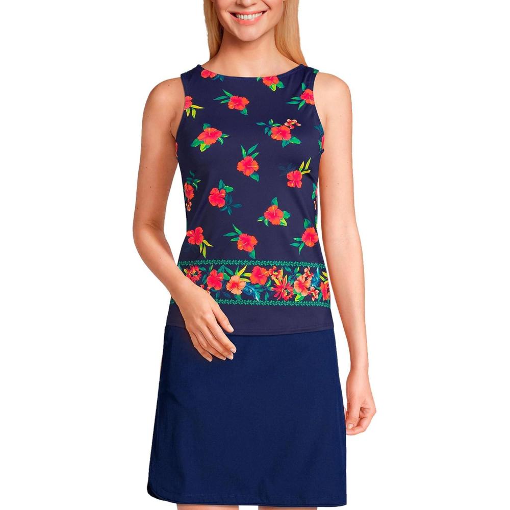 imageLands End Womens High Neck UPF 50 Modest Tankini Top SwimsuitNavy Tropical Scenic Border