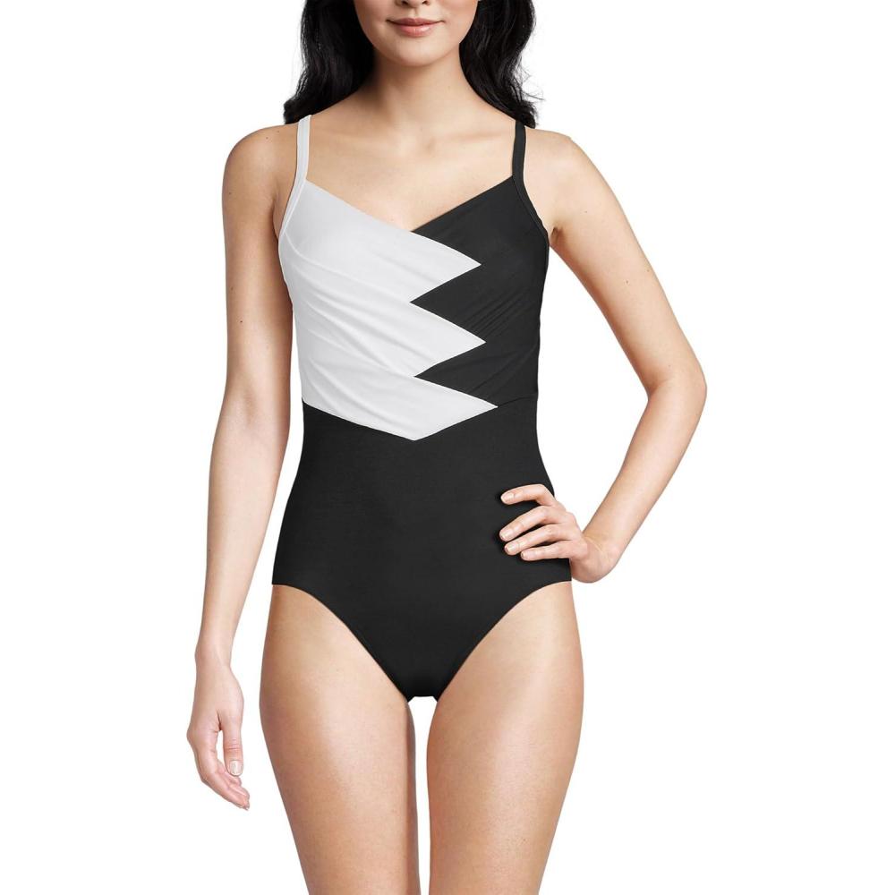imageLands End Womens Slender Suit VNeck Pleated XBack One Piece Swimsuit Adjustable StrapsBlackWhite