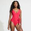 Lands’ End Women’s Chlorine Resistant Side Tie Wrap High Leg One Piece Swimsuit(Coral Roses)