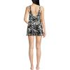 Lands’ End Women’s Scoop Neck Mini Swim Dress One Piece Swimsuit(Black/Egret White Leaf Scroll)