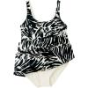 Lands’ End Women’s Scoop Neck Mini Swim Dress One Piece Swimsuit(Black/Egret White Leaf Scroll)