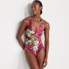 Lands’ End Women’s Sculpting Suit Plunge Halter High Leg One Piece Swimsuit(Dark Wine Multi Tropical Palm)