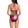 Lands’ End Women’s Sculpting Suit Plunge Halter High Leg One Piece Swimsuit(Dark Wine Multi Tropical Palm)