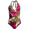 Lands’ End Women’s Sculpting Suit Plunge Halter High Leg One Piece Swimsuit(Dark Wine Multi Tropical Palm)